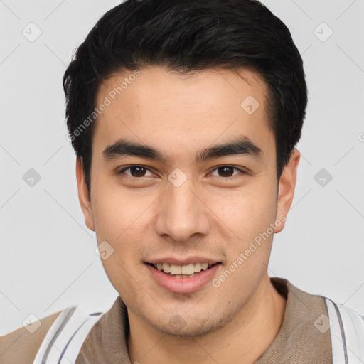 Joyful white young-adult male with short  black hair and brown eyes