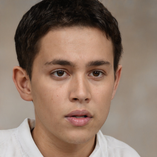 Neutral white young-adult male with short  brown hair and brown eyes