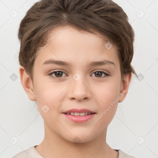 Joyful white child female with short  brown hair and brown eyes