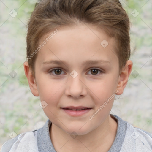 Joyful white child female with short  brown hair and brown eyes