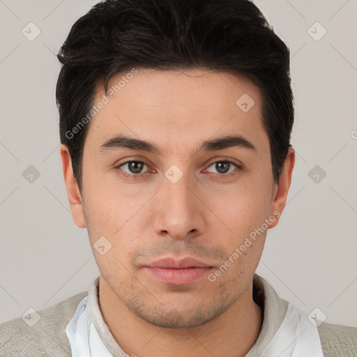 Neutral white young-adult male with short  brown hair and brown eyes