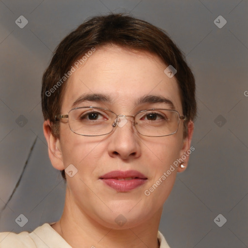 Joyful white adult female with short  brown hair and brown eyes