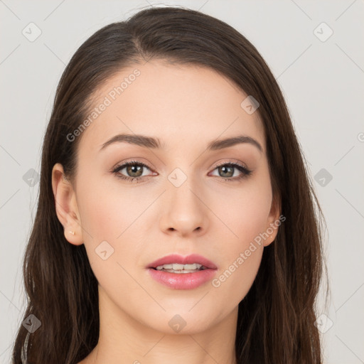 Neutral white young-adult female with long  brown hair and brown eyes