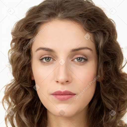 Neutral white young-adult female with long  brown hair and green eyes