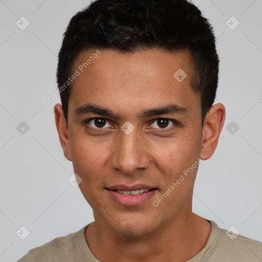 Joyful white young-adult male with short  black hair and brown eyes