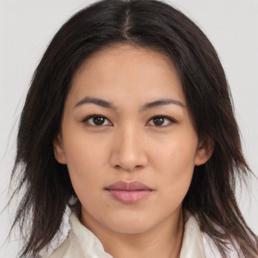 Neutral latino young-adult female with medium  brown hair and brown eyes