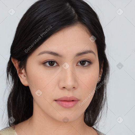 Neutral asian young-adult female with medium  brown hair and brown eyes