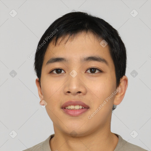 Neutral asian young-adult male with short  black hair and brown eyes