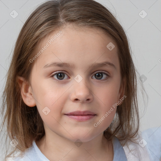 Joyful white child female with medium  brown hair and brown eyes