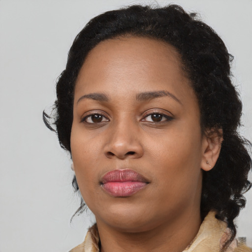 Joyful black young-adult female with medium  black hair and brown eyes
