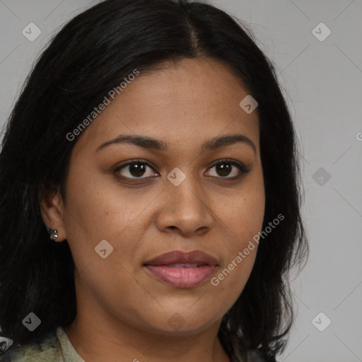 Joyful black young-adult female with medium  brown hair and brown eyes