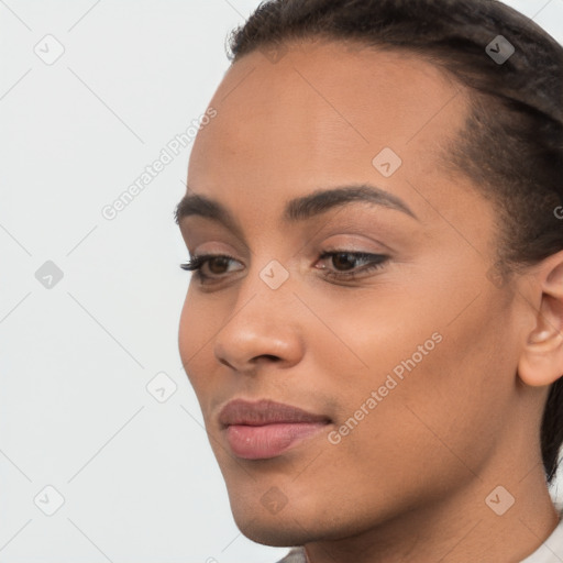 Neutral white young-adult female with short  brown hair and brown eyes