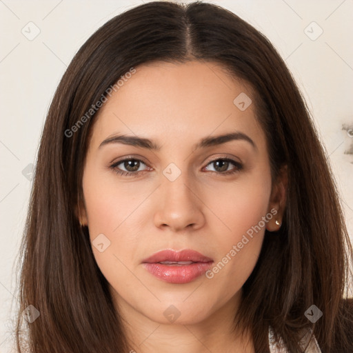 Neutral white young-adult female with long  brown hair and brown eyes