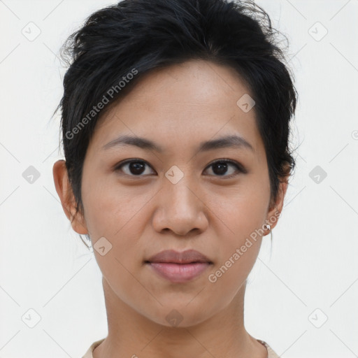 Joyful asian young-adult female with short  brown hair and brown eyes