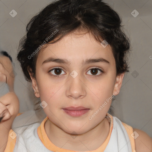 Joyful white child female with medium  brown hair and brown eyes