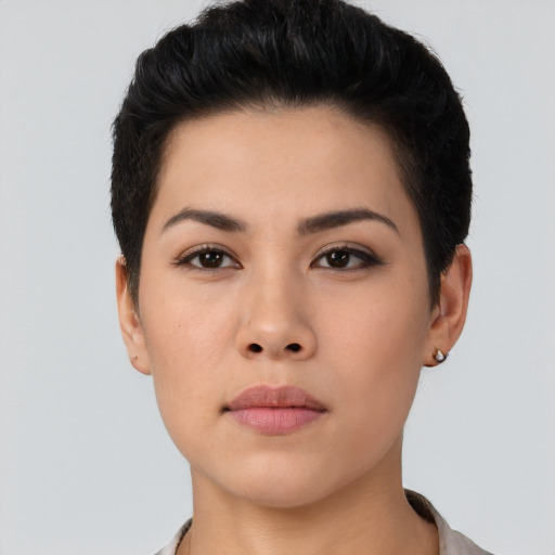 Neutral asian young-adult female with short  black hair and brown eyes