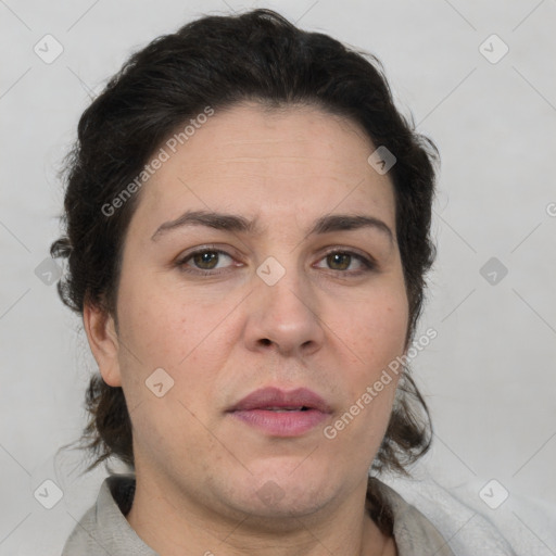 Neutral white adult female with short  brown hair and brown eyes