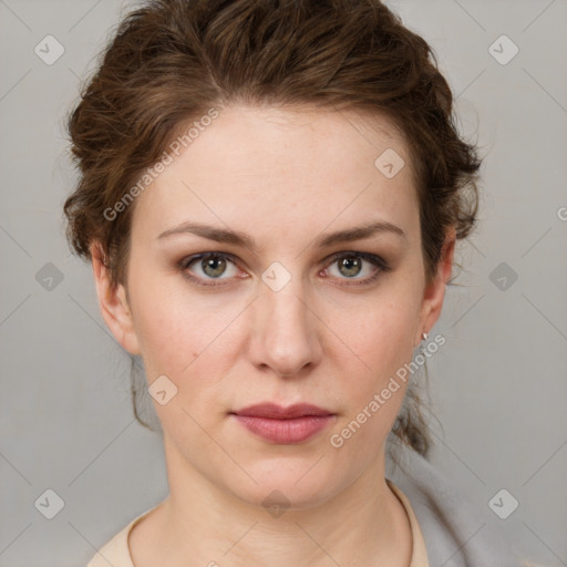 Joyful white young-adult female with medium  brown hair and green eyes