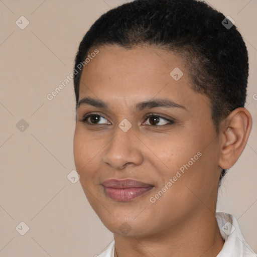 Joyful latino young-adult female with short  brown hair and brown eyes