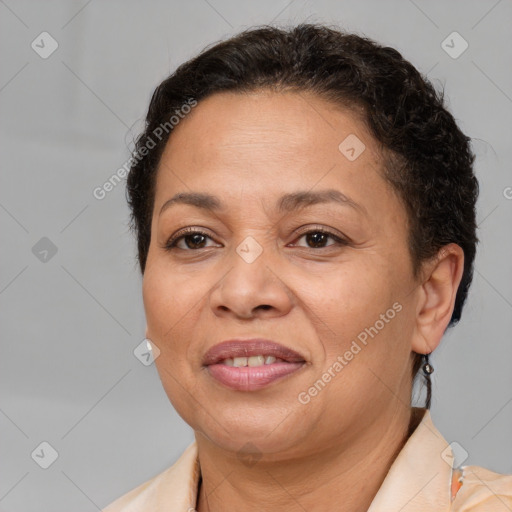 Joyful white adult female with short  brown hair and brown eyes