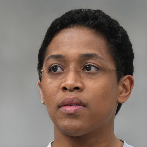 Neutral black young-adult female with short  brown hair and brown eyes