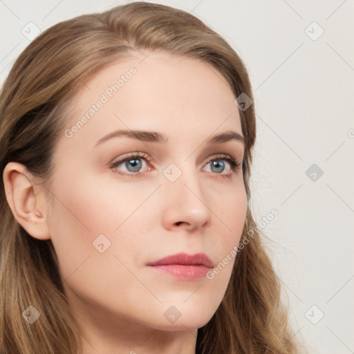 Neutral white young-adult female with long  brown hair and grey eyes