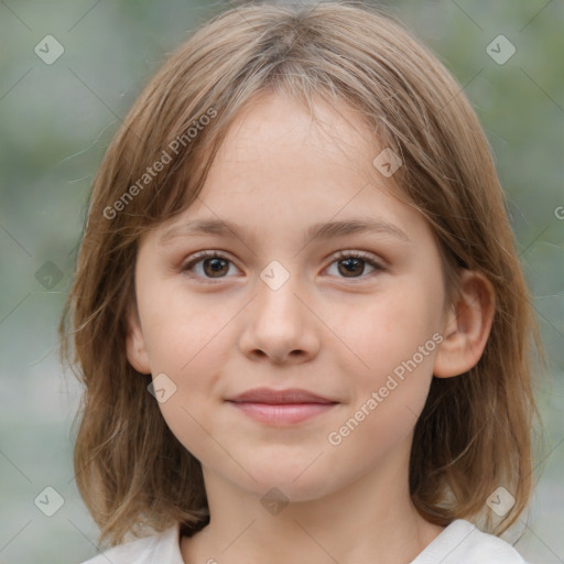 Joyful white child female with medium  brown hair and grey eyes
