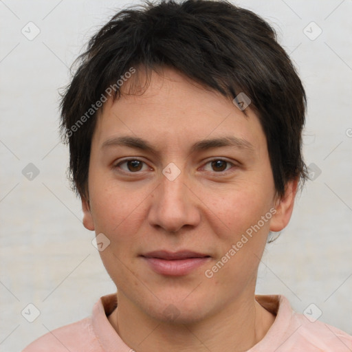 Joyful white young-adult female with short  brown hair and brown eyes