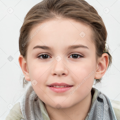 Joyful white child female with medium  brown hair and grey eyes