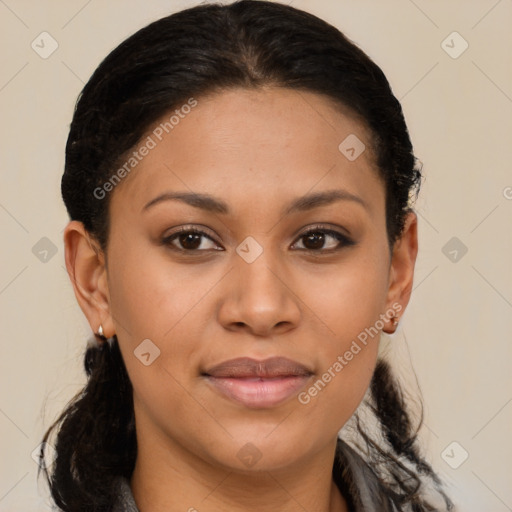 Joyful latino young-adult female with medium  brown hair and brown eyes