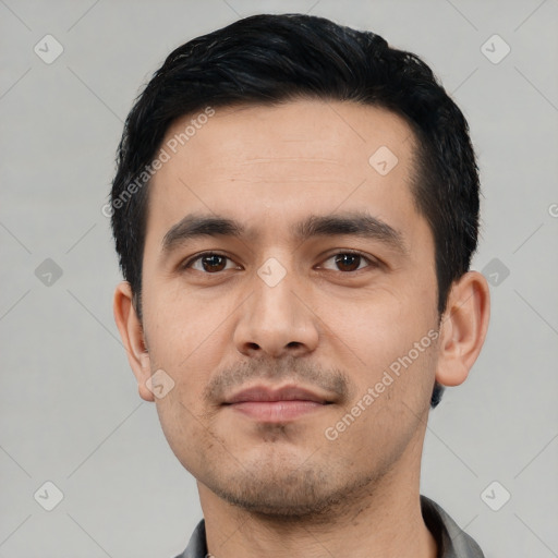 Neutral asian young-adult male with short  black hair and brown eyes