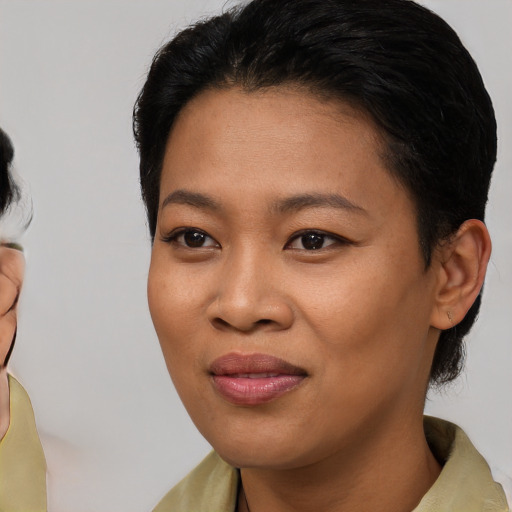Joyful latino young-adult female with short  brown hair and brown eyes