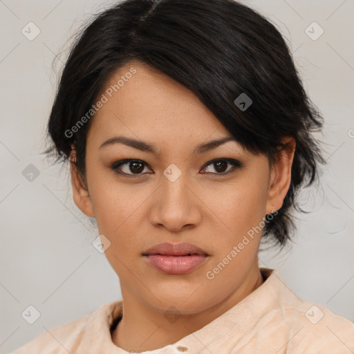 Joyful asian young-adult female with medium  black hair and brown eyes