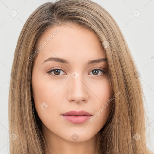 Neutral white young-adult female with long  brown hair and brown eyes