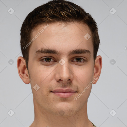 Neutral white young-adult male with short  brown hair and brown eyes