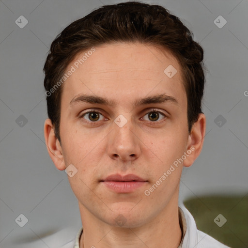 Neutral white young-adult male with short  brown hair and brown eyes