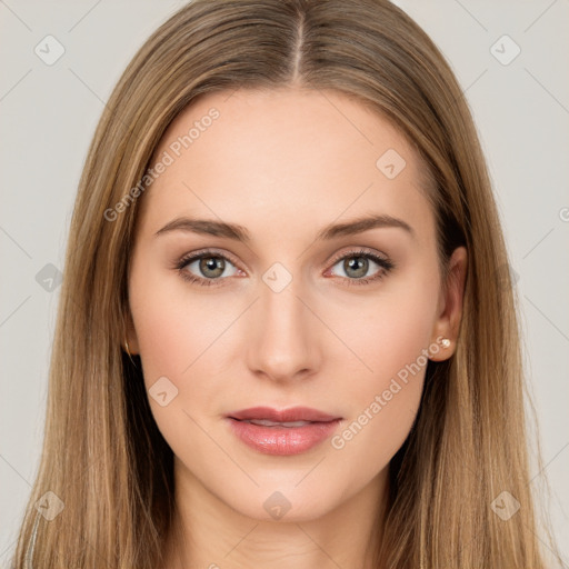 Neutral white young-adult female with long  brown hair and brown eyes