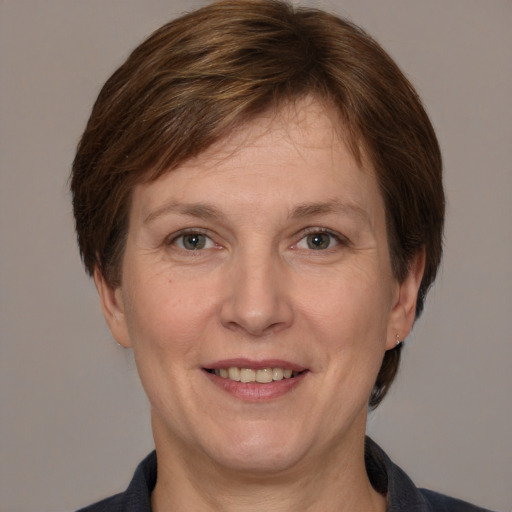 Joyful white adult female with medium  brown hair and grey eyes