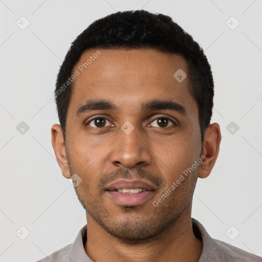 Neutral black young-adult male with short  black hair and brown eyes