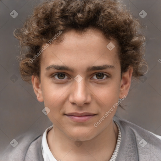 Joyful white child male with short  brown hair and brown eyes