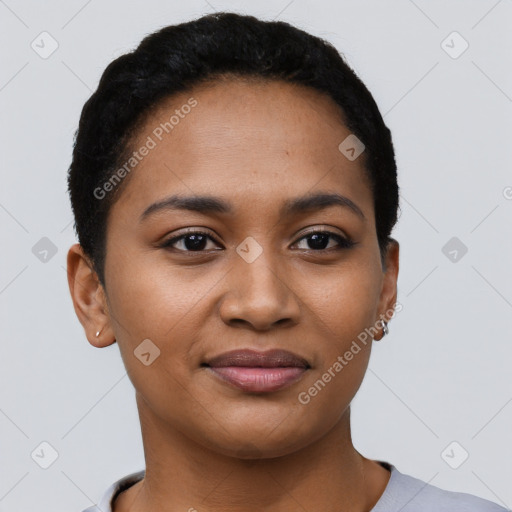 Joyful latino young-adult female with short  black hair and brown eyes