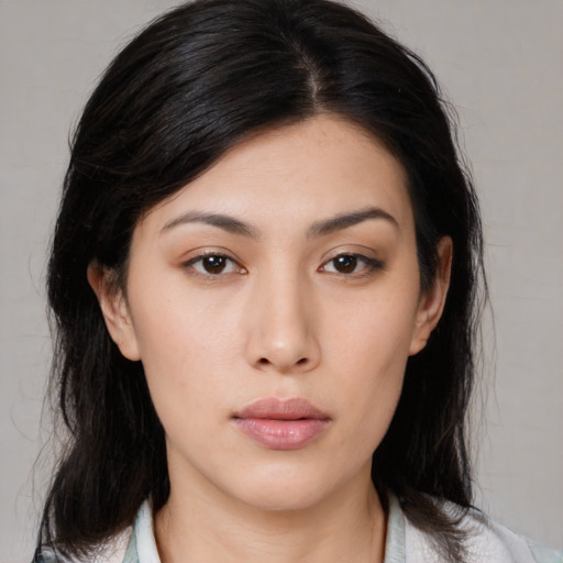 Neutral asian young-adult female with medium  black hair and brown eyes