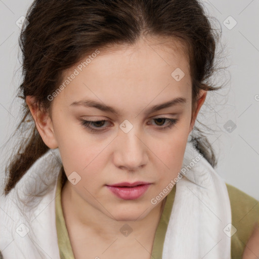 Neutral white young-adult female with short  brown hair and brown eyes