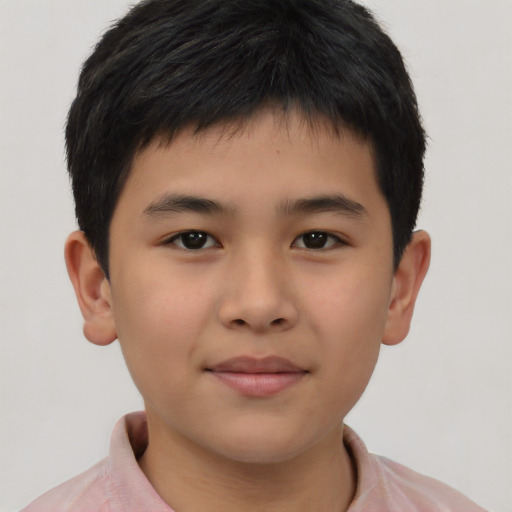 Joyful asian child male with short  brown hair and brown eyes