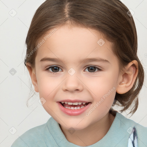 Joyful white child female with medium  brown hair and brown eyes