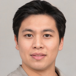 Neutral asian young-adult male with short  brown hair and brown eyes