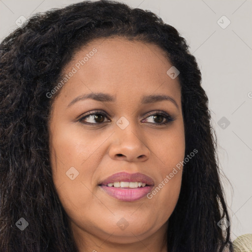 Joyful latino young-adult female with long  brown hair and brown eyes