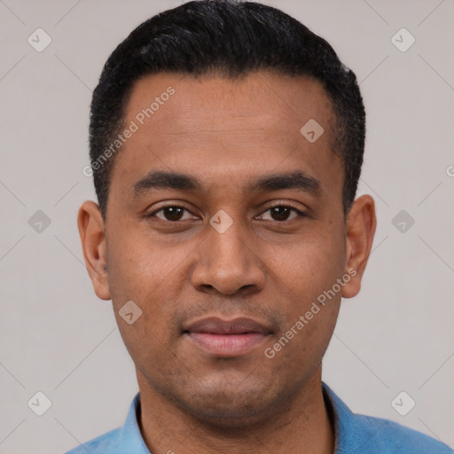 Neutral latino young-adult male with short  black hair and brown eyes
