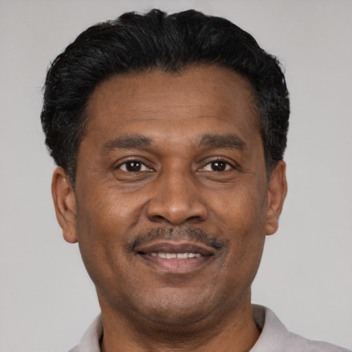 Joyful latino adult male with short  black hair and brown eyes