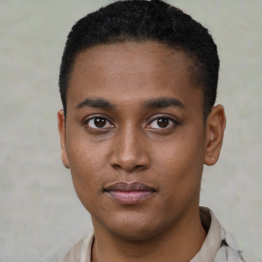 Neutral black young-adult male with short  black hair and brown eyes